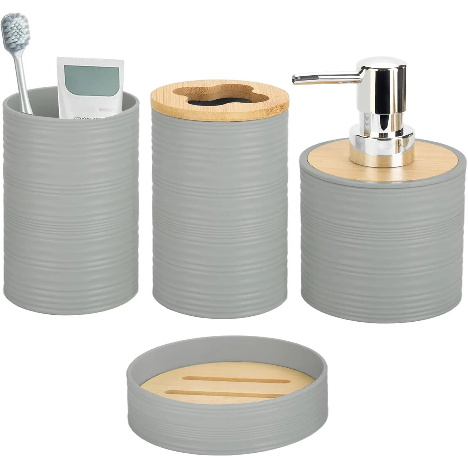 4 count  Bathroom Accessories Set, Boho Bathroom Decor, Grey | Bathroom Accessory Set with Soap Dispenser and  Holder, Soap Dish,  Cup