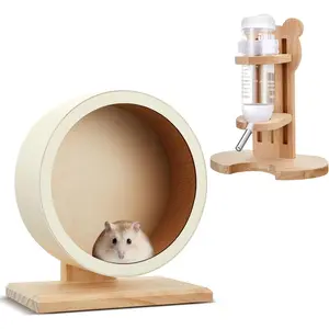 Wooden Hamster Wheel with Cork Lining, 7.9 Inch Quiet Exercise Wheel for Dwarf Syrian Hamsters, Gerbils, Stable Small Animal Spinner Cage Accessories with Water Bottle Stand(S)