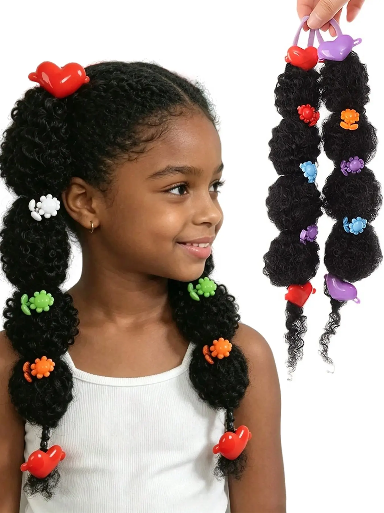 African American Girl Curly Ponytail Clips, Colorful Flower Decorated Hair Bands, Cute Bubble Ponytail Pieces, Easy Elastic Tie, Kids Random Colors, Cute Hair Accessories