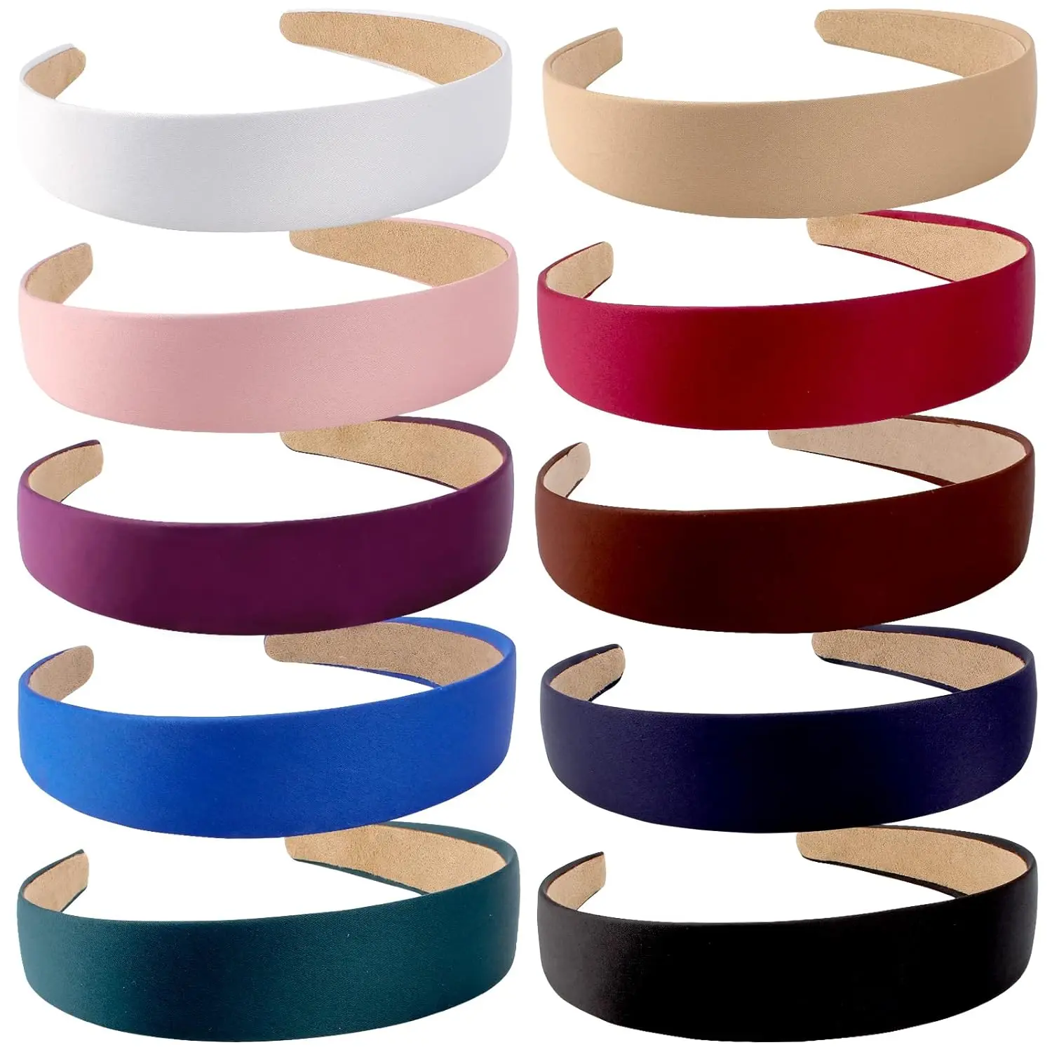 Women's 10-Piece 1-Inch Wide Satin Non Slip Headbands, Thin Solid Hair Accessories for Daily Wear, Party, DIY Costume