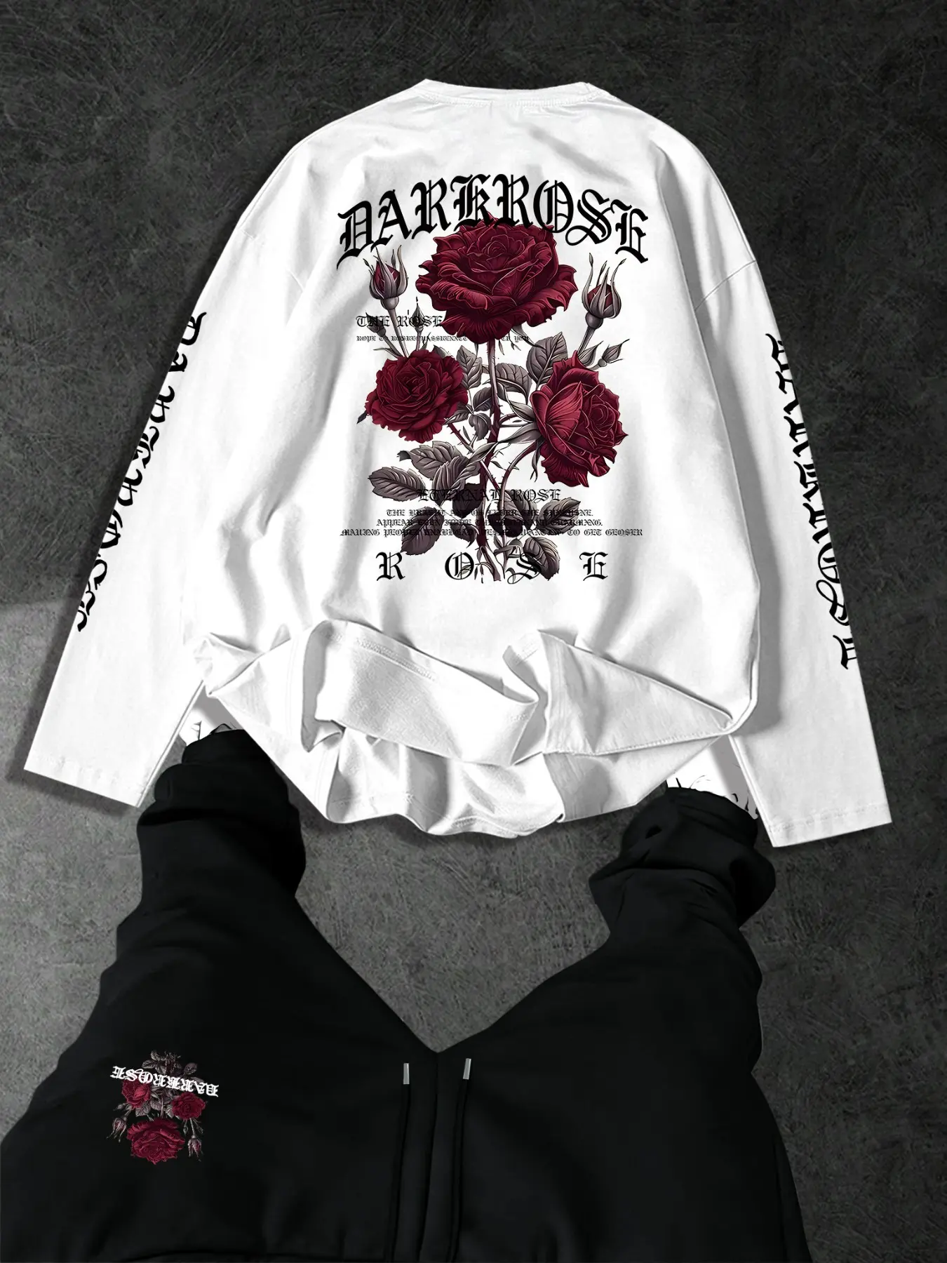 2-Piece Men’s Dark Rose Print Outfit, Gothic Streetwear Long Sleeve T-Shirt & Pants Set, Casual Loose Fit Edgy Aesthetic Matching Tracksuit for Street Style