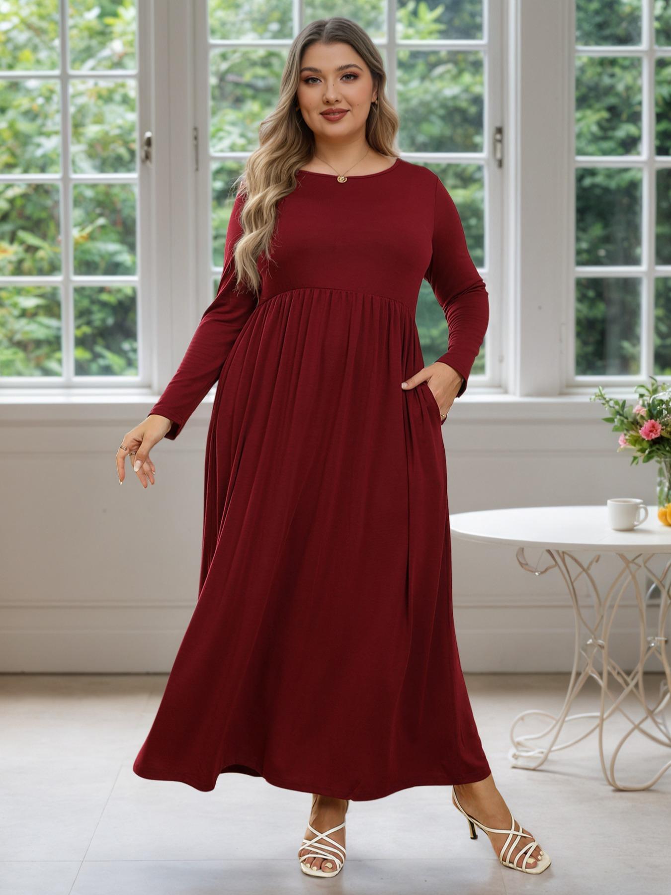 Women's Round Neck Stretchy Casual Fitted Long Plus Size Dress, Perfect for Bridesmaids, Vintage Style Wedding & Party Wear, Comfortable Fabric