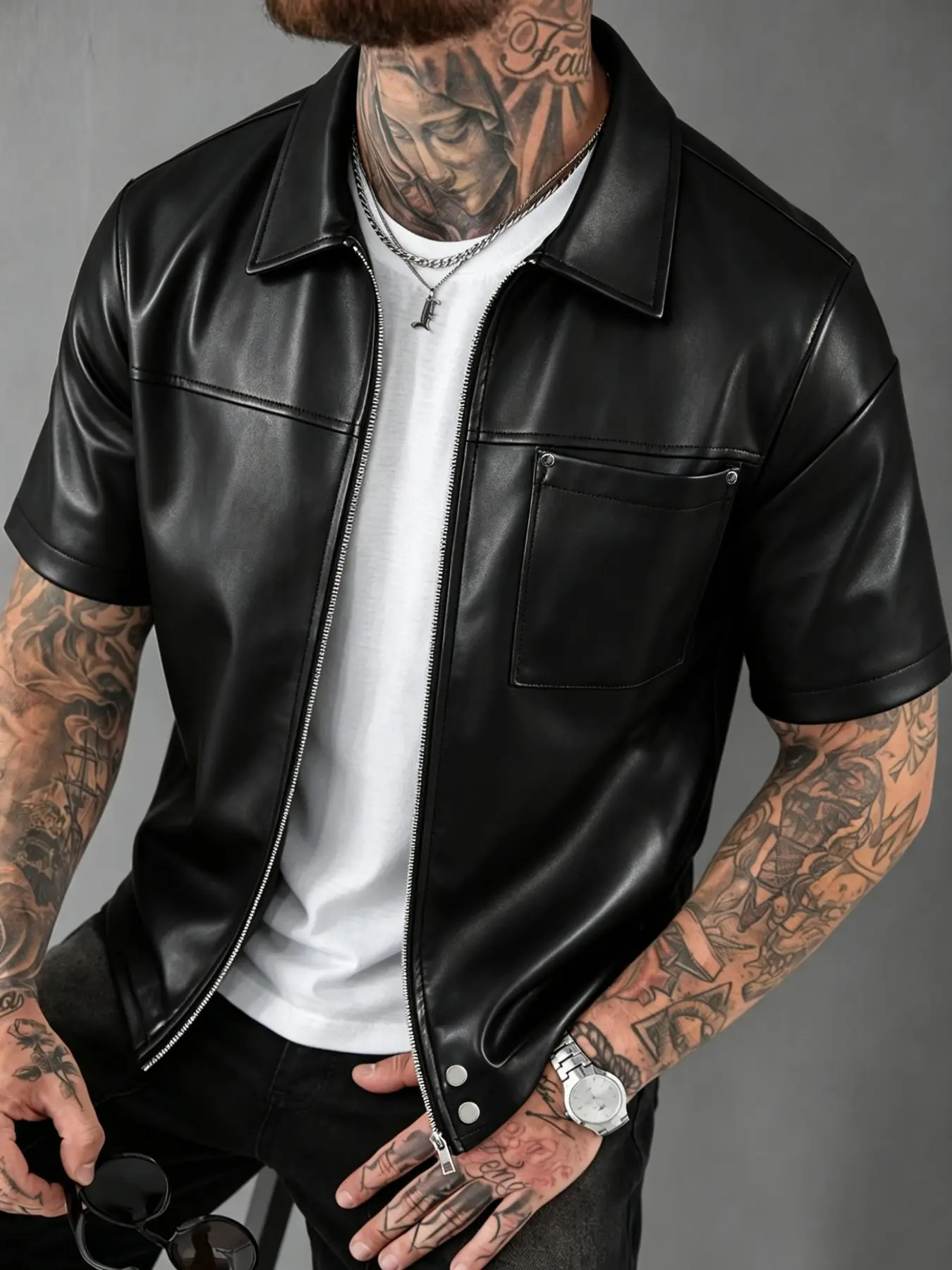 Men's casual leather Graphic shirt; a minimalist, basic style suitable for street-style layering—an essential piece for music festivals, nightclubs, and parties.
