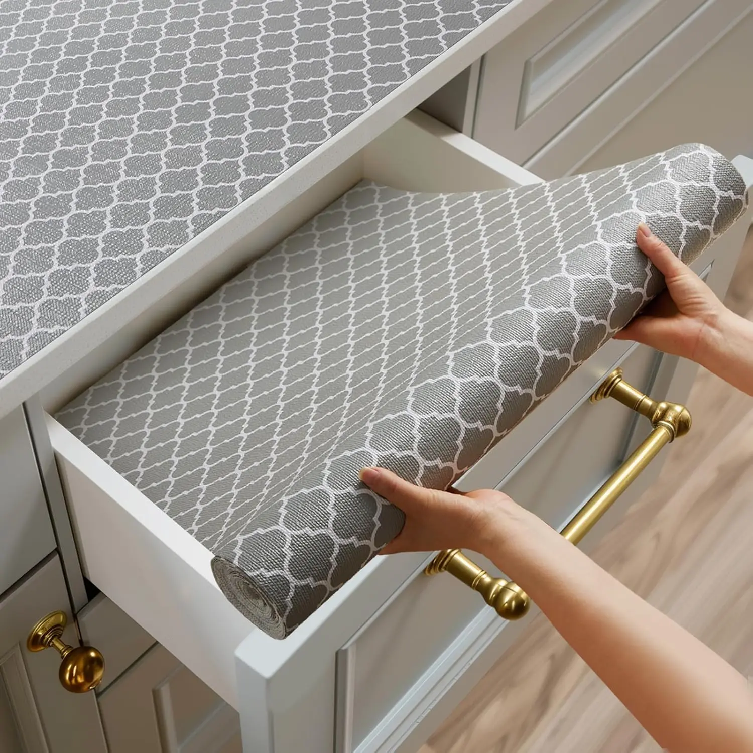 Shelf and Drawer Liner for Kitchen Cabinets Non-Adhesive, Strong Grip Non-Slip Thickened Shelf Paper Waterproof, Shelves Protector Mats for Dresser Cupboard, Gray, 12 in x 10 Feet
