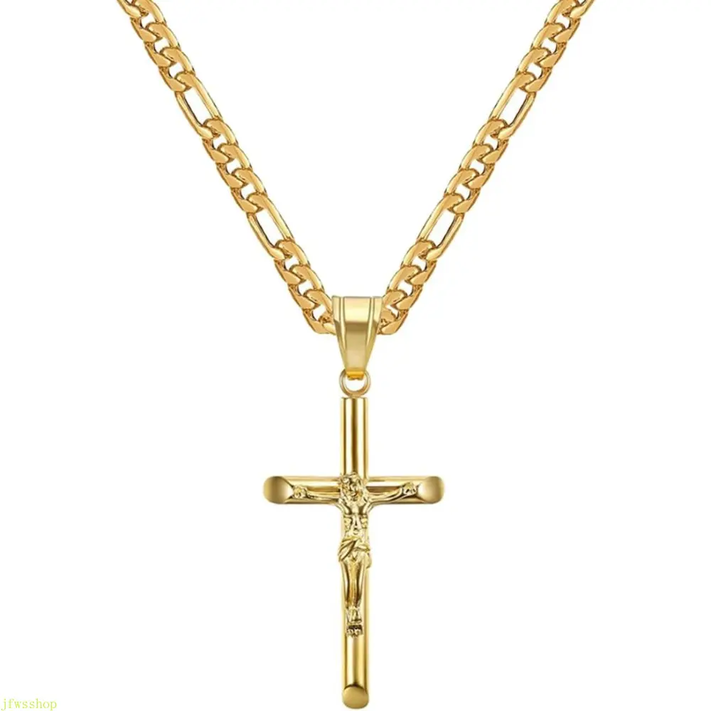 18k Gold Plated Stainless Steel Crucifix Cross Necklace with Jesus Pendant, 3mm 20" Figaro Chain – Y2K Coquette Aesthetic Religious Jewelry for Men & Women, Dainty Christian Gift, TikTok Viral Faith Necklace