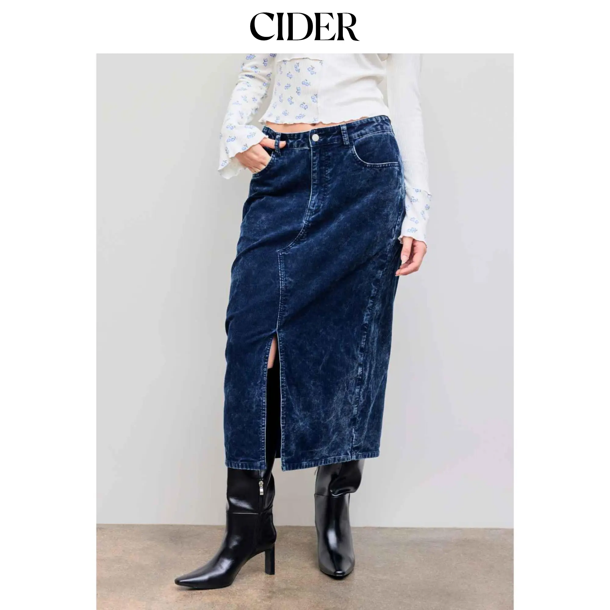 Cider [size 0-10] Washed Corduroy Low Rise Split Midi Skirt