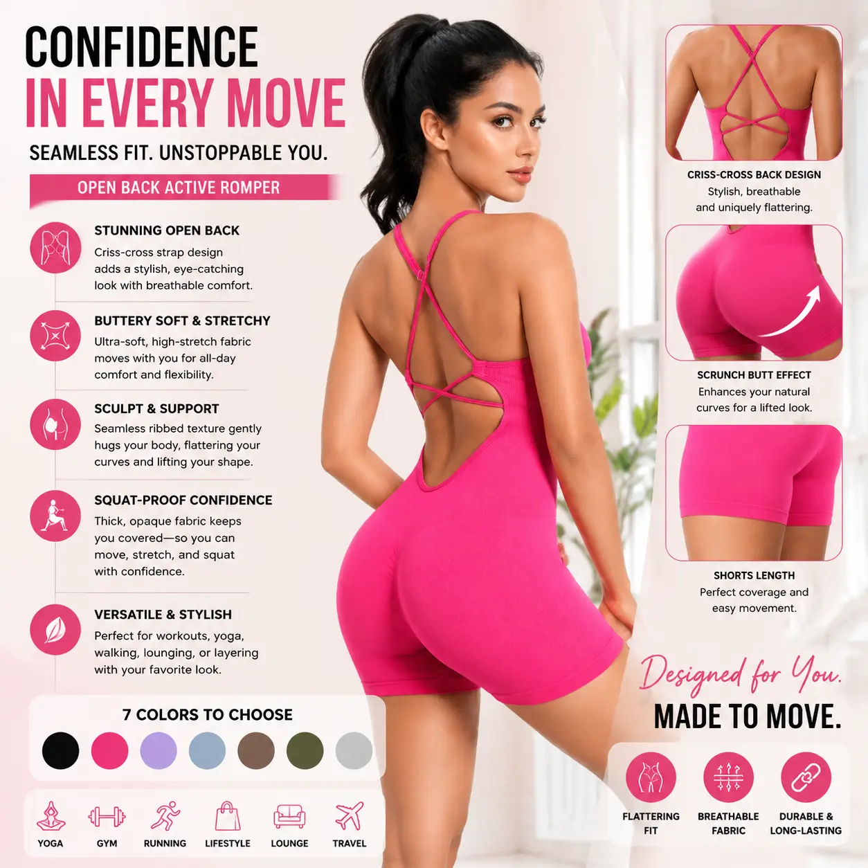 Women's Popular Seamless Strap One-Piece Fitness Suit, Sexy Crisscross Open Back Design, High Elastic Peach Hip Lifting Bodysuit, Tight Slim Activewear for Yoga, Gym, Outdoor Sports & Daily Workout