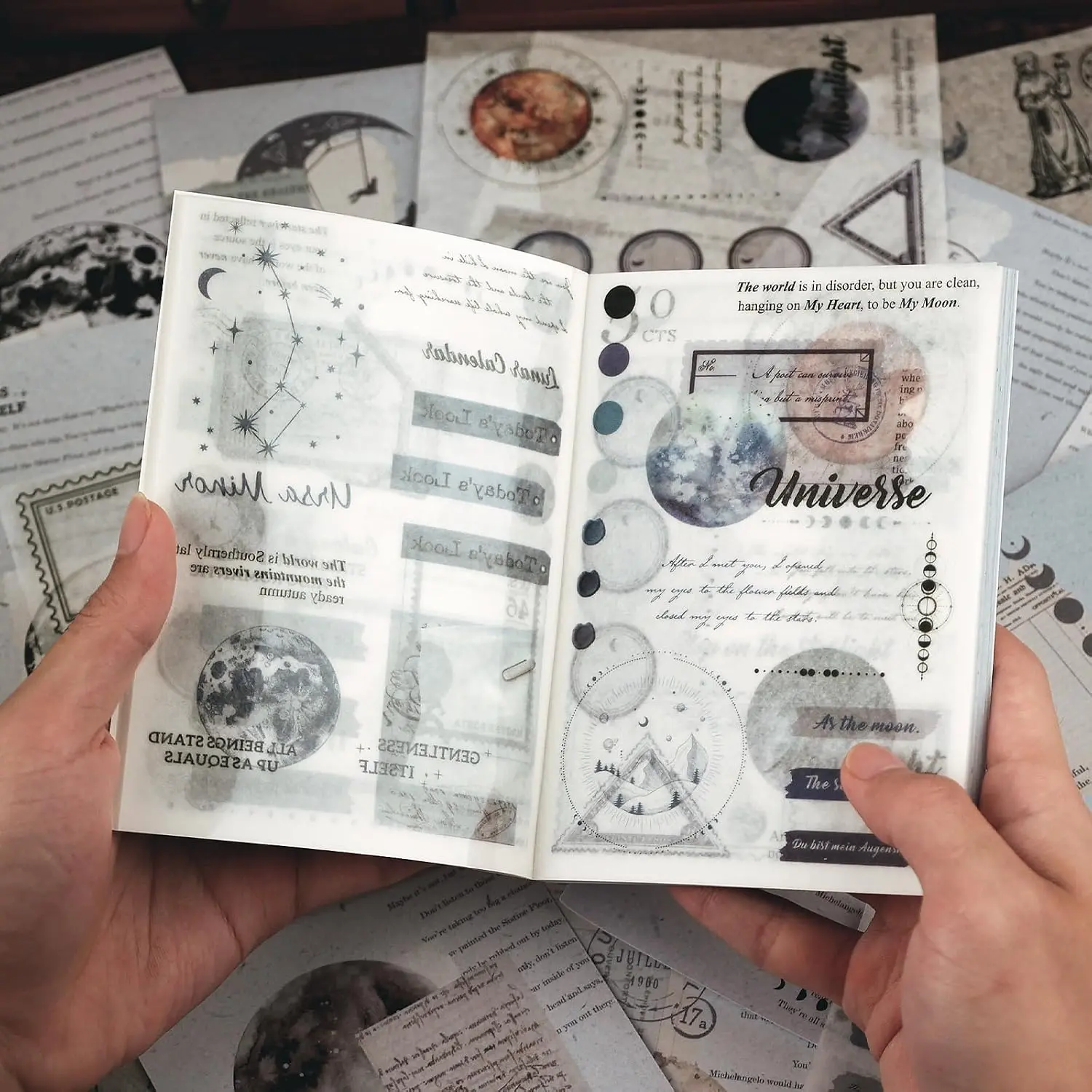 Celestial Themed Washi Stickers for Journaling,  Ephemera Sticker Book with 180 count  Stickers and 20 Astronomy Scrapbook Papers for Junk Journals Paper Crafting