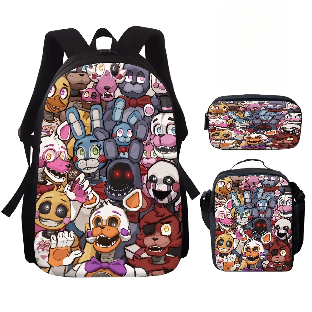 Unisex Kids' 3-Piece Waterproof Durable Lightweight Back to School Backpack Set - School Supplies with Zipper, Lunch Box, Hand-Drawn FNAF 5 Nights At Freddy’s Horror Characters Collage Print, 15in Laptop Pocket, Soft Breathable Padded Straps