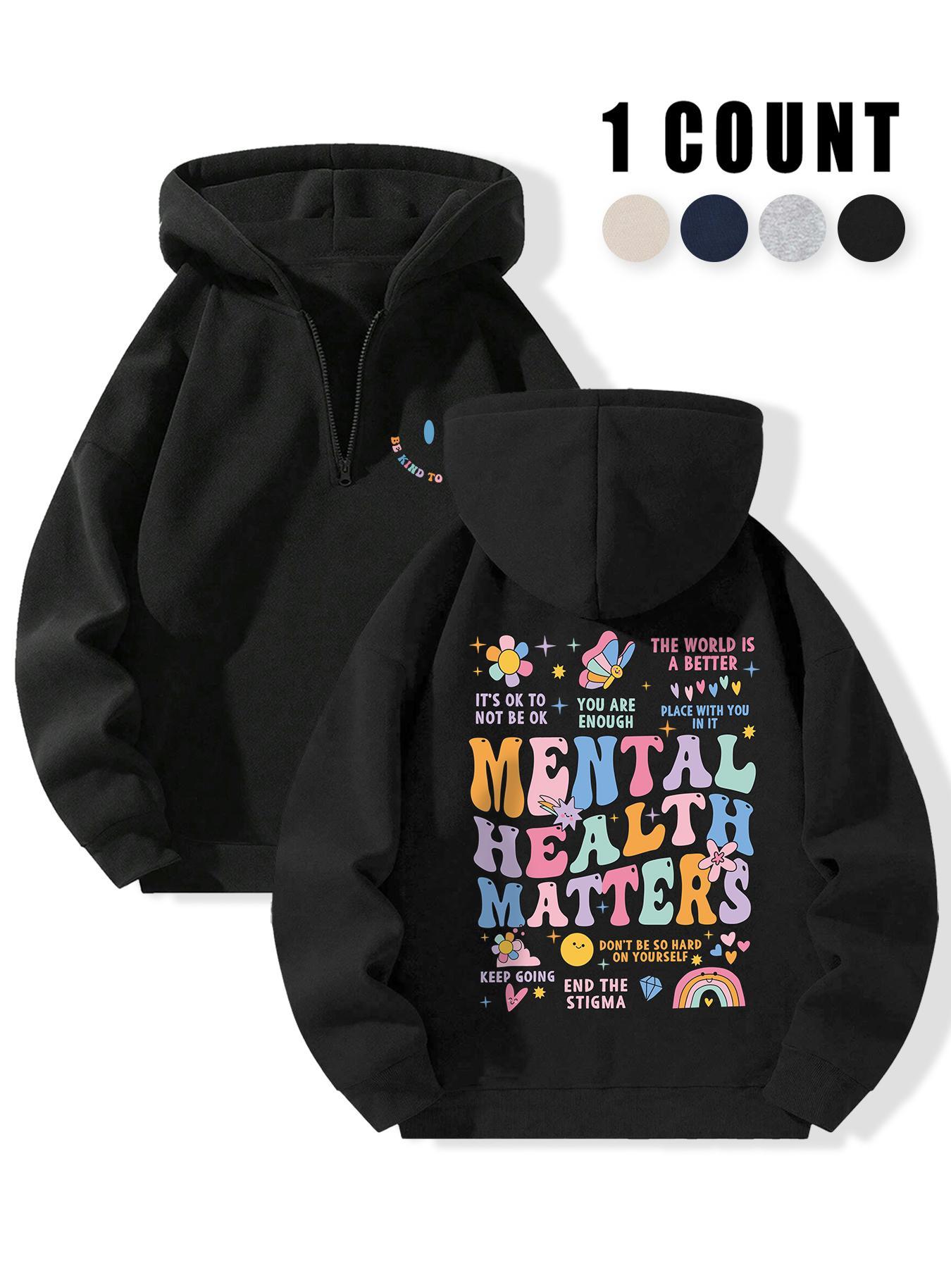 Women's Letter Print Half Zip Up Drop Shoulder Hoodie, Fashion Casual Hooded Sweatshirt for Daily Holiday Outdoor Wear, Women Clothing for Fall & Winter, Casual Pullover Hoodie