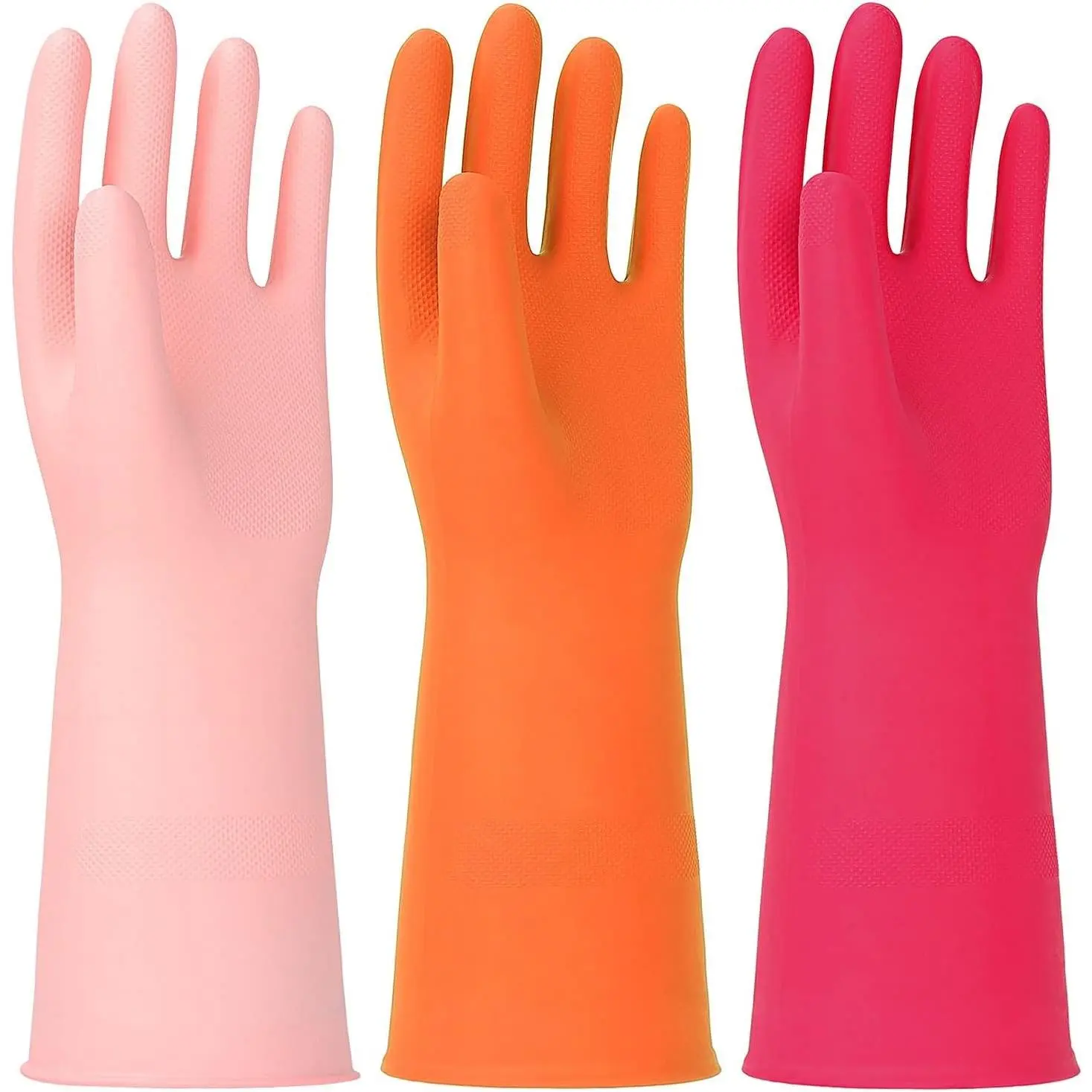 3 Pairs Rubber Cleaning Gloves Latex Free Dishwashing Gloves - 13" Reusable Nitrile Gloves Small, Orange+Pink+Red