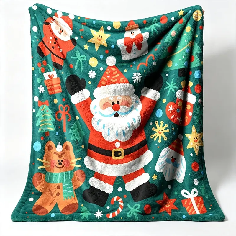 Holiday Xmas Plush Throw Blanket with Lovely Santa & Reindeer Graphic, Soft Warm Decor Blanket, Perfect for Christmas Home Party, Sofa Bed and Seasonal House Decoration