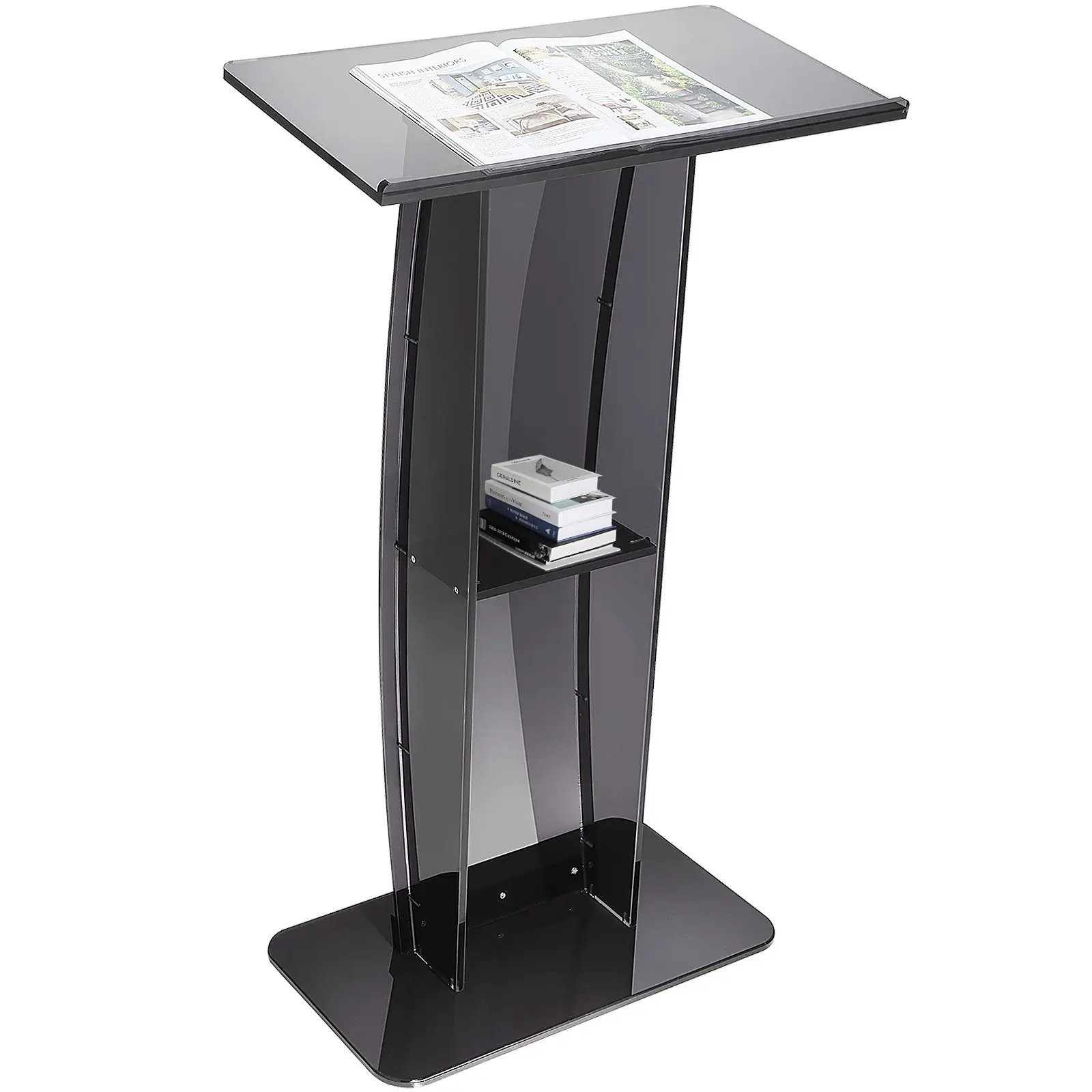 VEVOR Acrylic Podium, 47" Acrylic Podium Stand with Wide Reading Surface Storage Shelf, Floor-standing Clear Pulpits Acrylic for Church Office School, Black