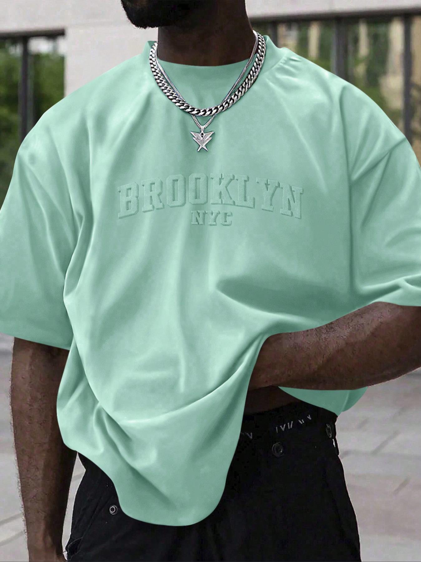 Men's Plain Letter Embossed  Drop Shoulder Tee, Regular Fit Casual Short Sleeve Round Neck T-shirt for Summer, Fashion Men's Top for Daily Wear