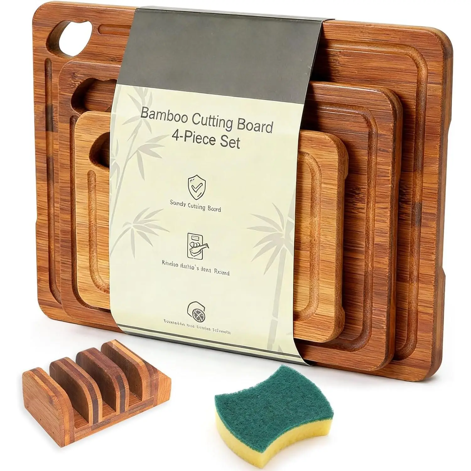 Cuttng Board 4-Pece Set,Deep-Carbonzed Reversble Charcutere Boards Wth Juce Grooves,nclude Storage Stand&Cleanng Sponge,Knfe Frendly,Sturdy, Ktchen Gft Set