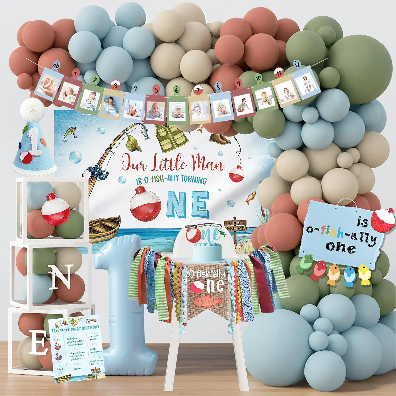 Ofishally One Birthday Decorations for Boys, Fishing 1st Birthday Party Supplies with Backdrop, ONE Boxes, Balloon Garland, Tablecloth, High Chair Banner, Cake Topper, Crown, Photo Banner