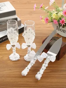 Four-piece wedding cake knife shovel and champagne glass set lace love rose rhinestone decoration bow wish glass cake cutting set wedding tableware reusable suitable for wedding reception, bridal shower, engagement, anniversary, Tableware Sets