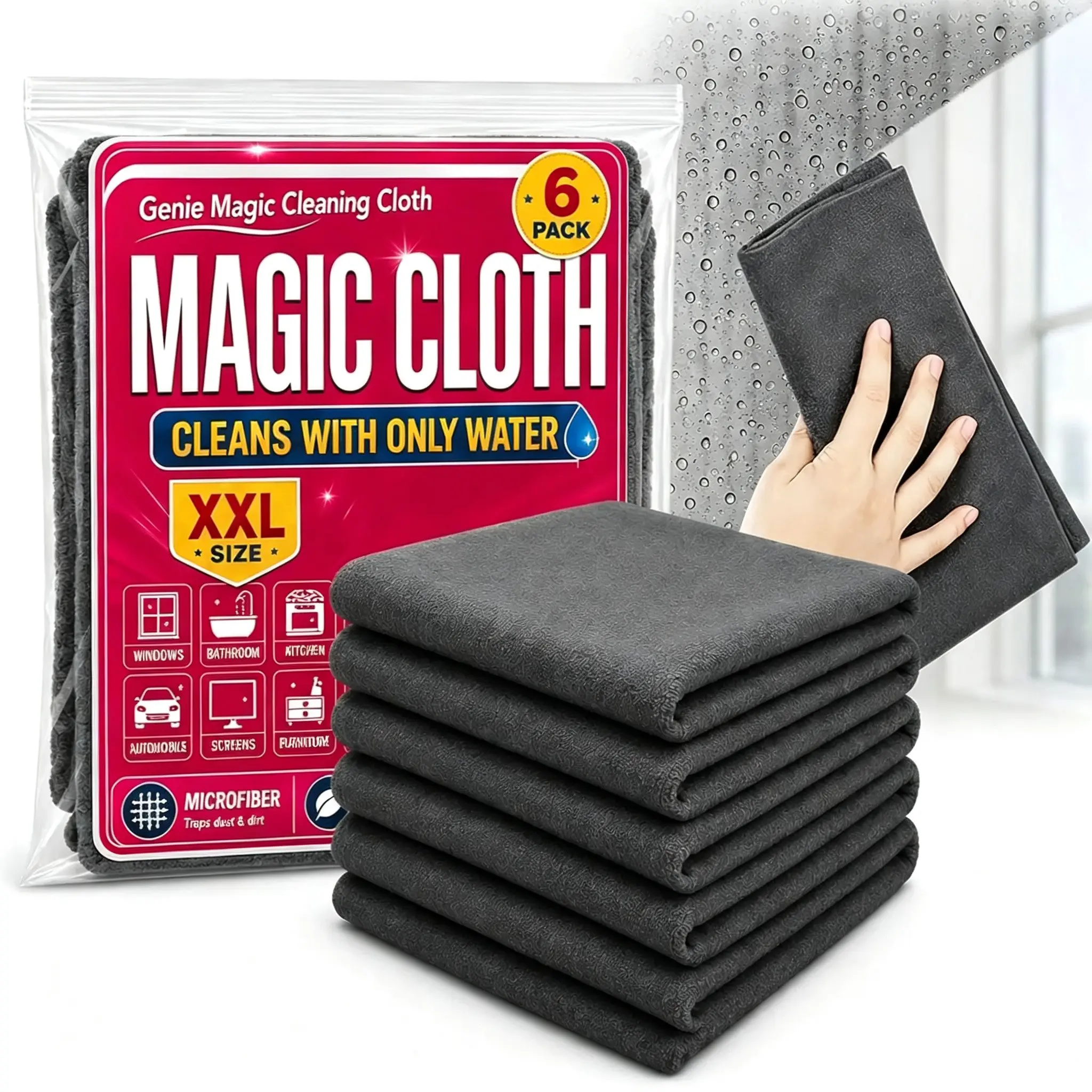 Elf Magic Cleaning Cloth 6-Piece Set, Lint Free Cloth, Xxl Microfiber, Reusable, No Lint, for Stainless Steel, Glass, Kitchen, Bathroom, Car, Screen
