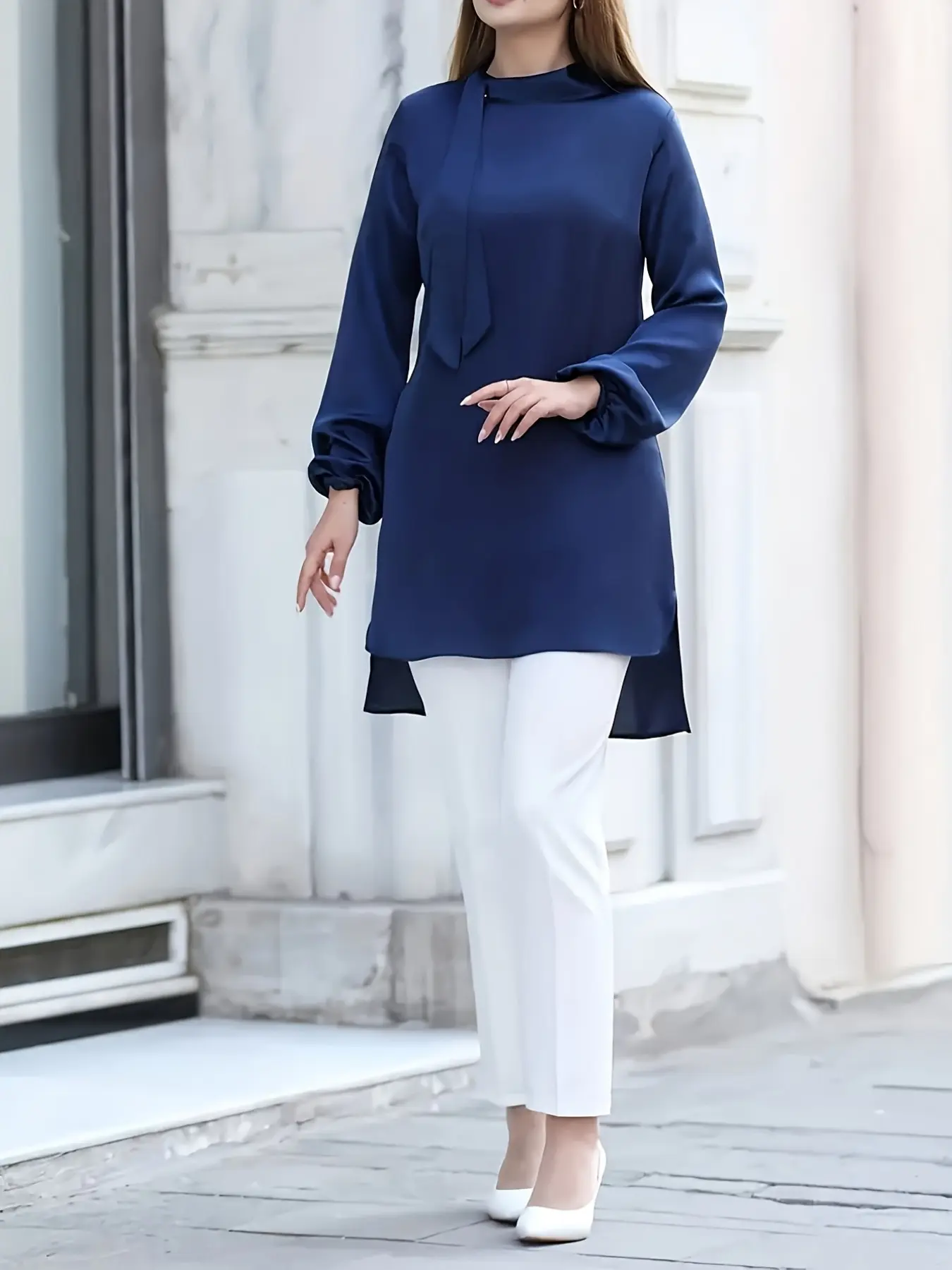 Modest Navy Satin Tunic, Smooth Fit, Minimalist Chic Design, Asymmetrical Hem, Elastic Cuffs, Wrinkle-Resistant, Ideal for Daily Wear and Meetings