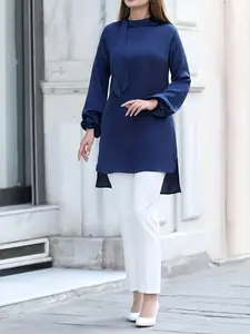 Modest Navy Satin Tunic, Minimalist Chic Design, Asymmetrical Hem, Elastic Cuffs, Wrinkle-Resistant, Ideal for Daily Wear and Meetings