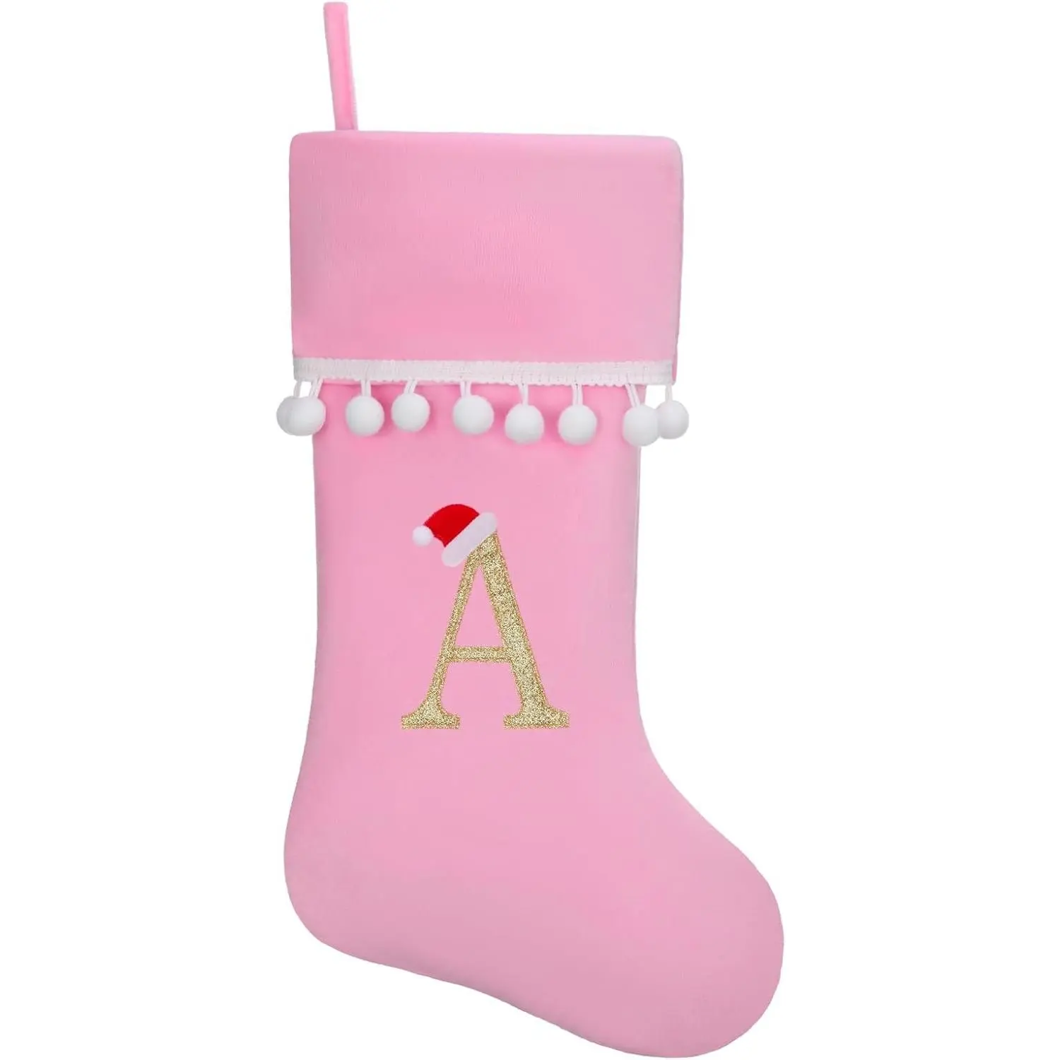19 Inch Pink Velvet Stockings Personalized Christmas Stocking Embroidery Initial with White Pom Pom Trim Holiday Fireplace Mantel Xmas Party Decor Letter A