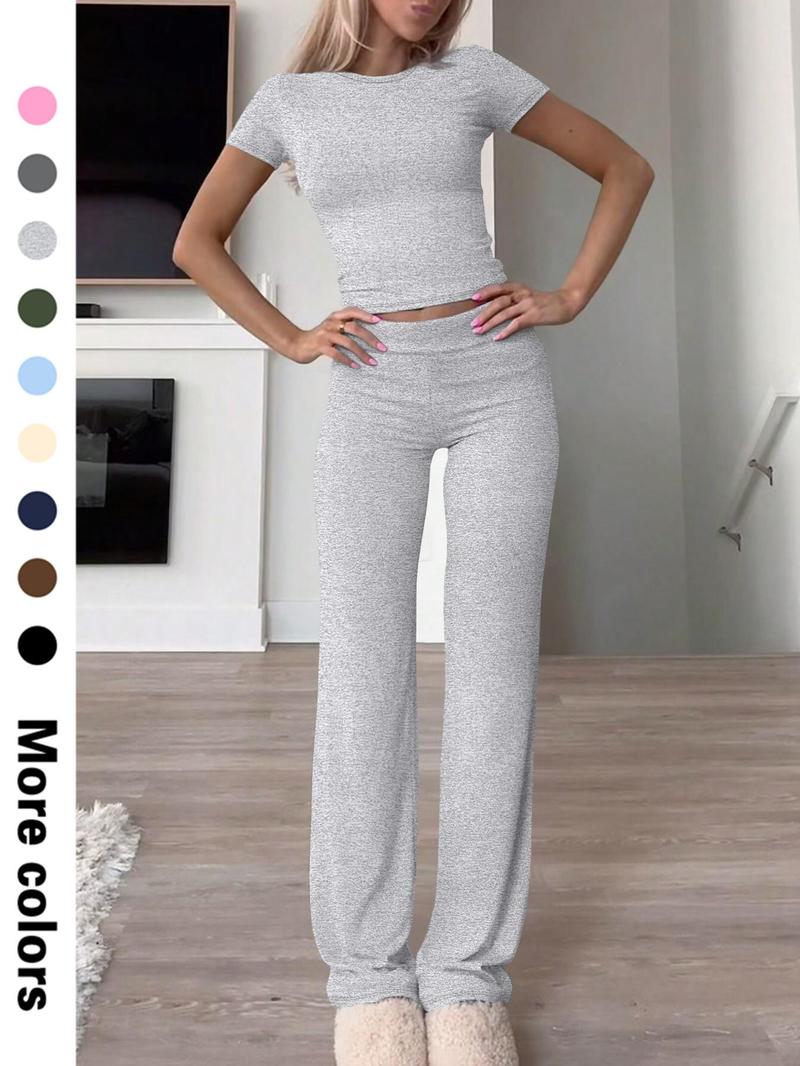 Women's Solid Crop Tee & Flare Leg Pants Two-piece Set, Casual Fashion Cozy Breathable Two Piece Outfits for Daily Outdoor Wear, Ladies Clothes for All Seasons
