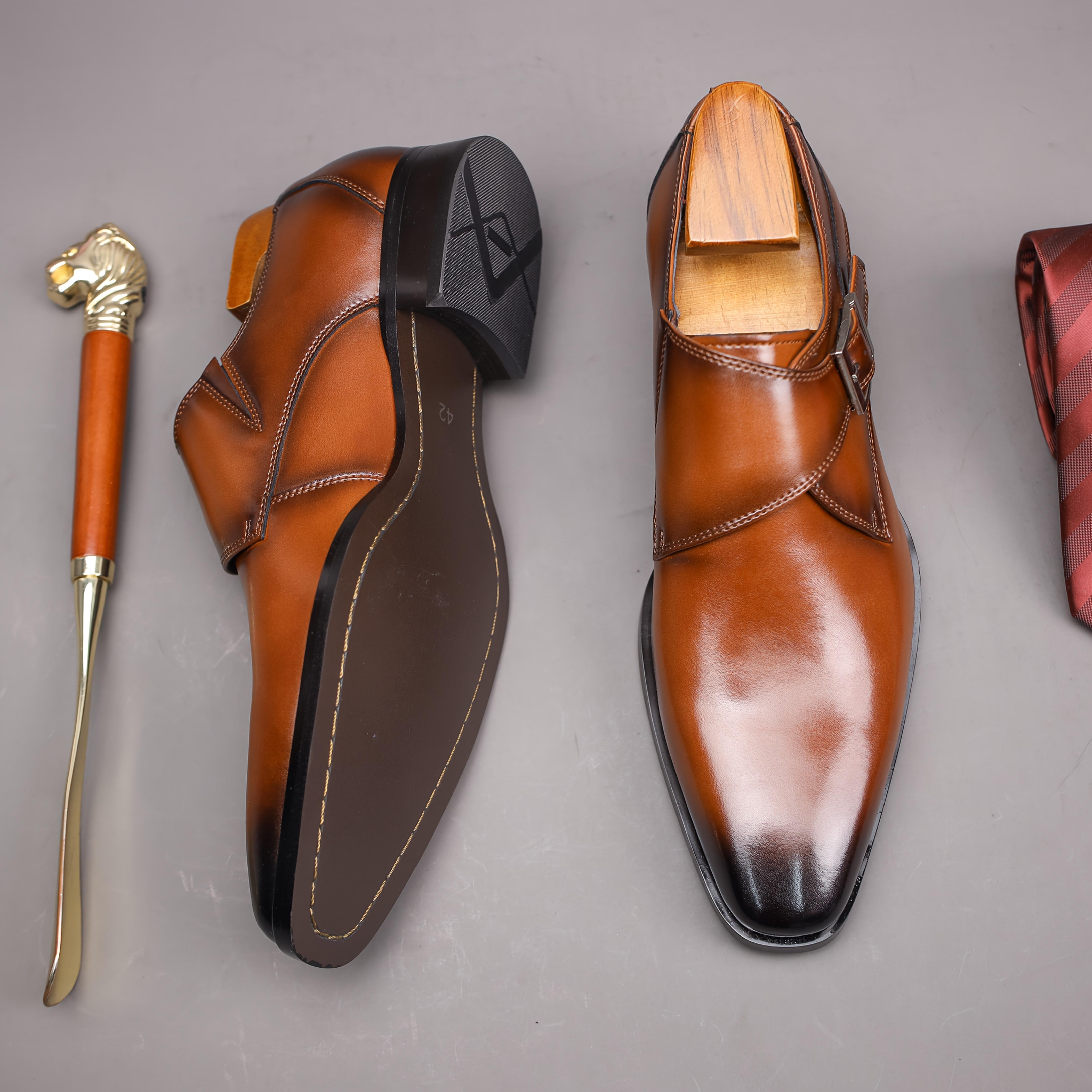 2025 Men's Genuine Leather Buckle Slip-On Formal Shoes - Brown Round Toe Casual Business Wedding Shoes, Suitable for Office and Daily Wear - Four Seasons Comfortable Rubber Sole