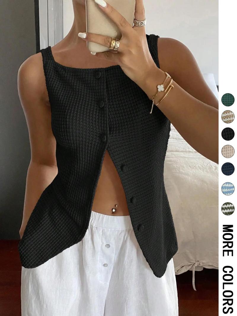 Women's Square Neck Tank Top Sleeveless Button Closure Top for Daily Wear, Ladies Clothes for All Seasons, Cropped Cami Top