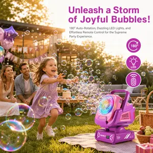 RGB Bubble Machine, Remote Control Auto Rotate, 1800mah Type-C Charging, Kids Party Toy, Includes 50ML Concentrate, Ages 3+