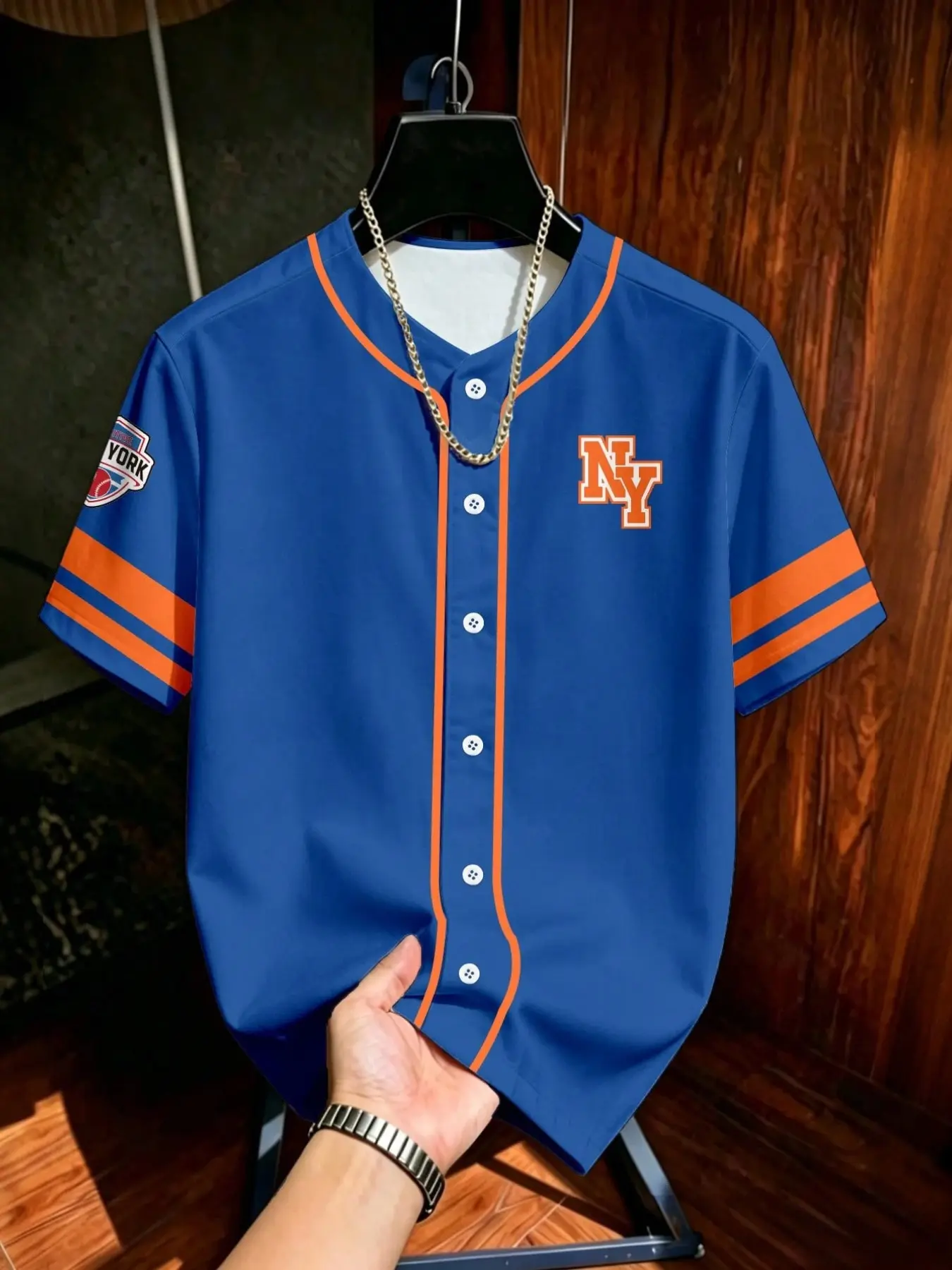 Blue Colorblock Ny 11 Open Front Short Sleeve Baseball Jersey, American Vintage Unisex, Loose-Fitting Outerwear with All over Print, Jersey Top