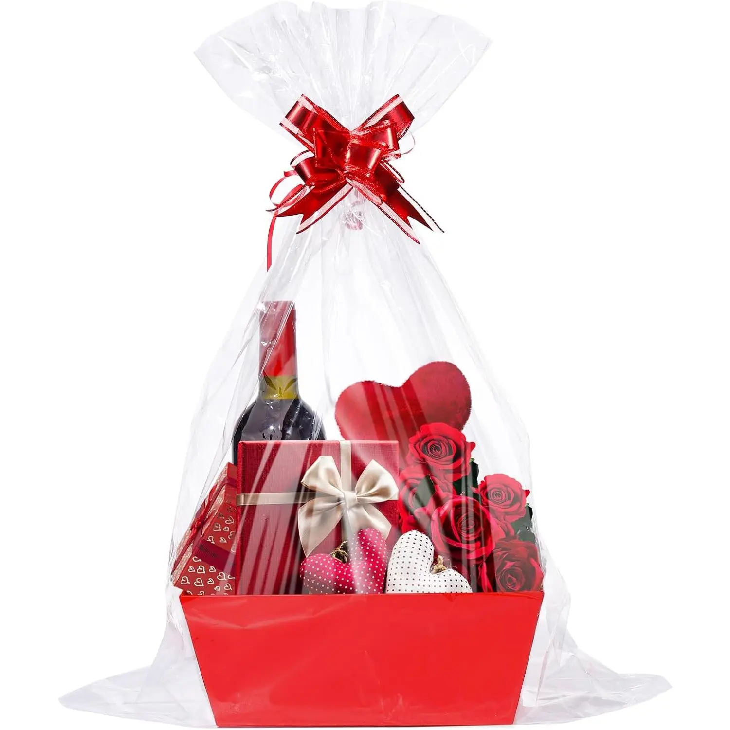 6 Set Sturdy   Baskets Empty Kit for Birthday, Party, Red |  Basket with Cellophane Wrap, Pull Bows,  Wrapping