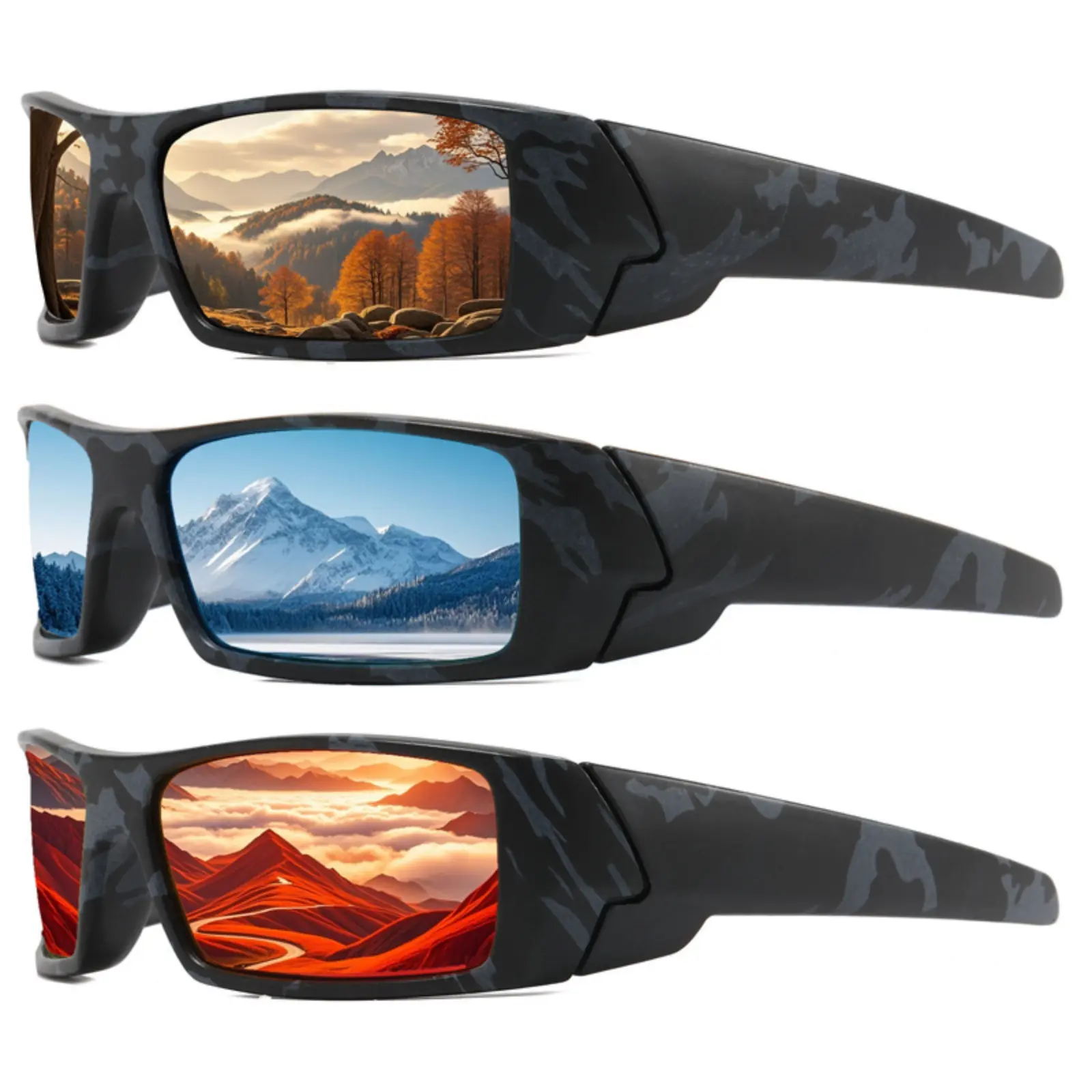 Men's Polarized Camouflage Sunglasses, Tactical Wrap-around Style with UV400 Protection for Hunting/Fishing and Outdoor Sports, Men's Sunglasses, Camo Sports Eyewear, Adjustable Polarized Sports Eyewear