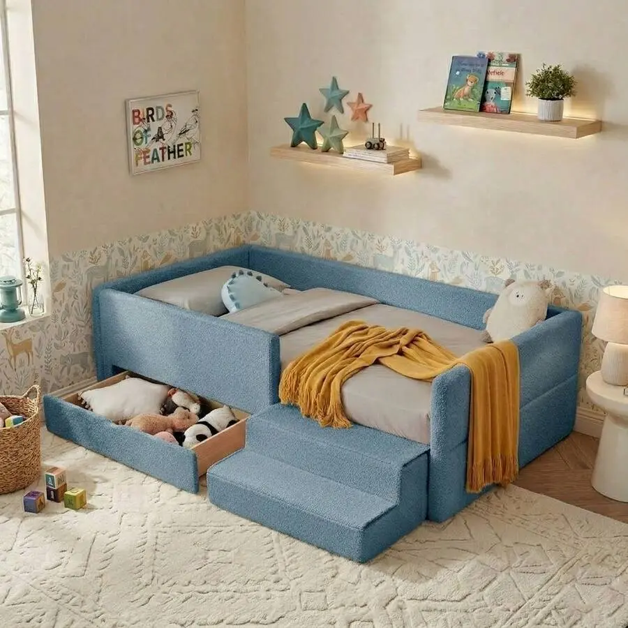 Twin Size Boucle Upholstered Bed With Guardrails And Storage Drawer, Cute Cozy Sofa Bed Frame With Matching Step Stool, Modern Platform Bed With Side Rails, Space Saving Daybed Bedroom