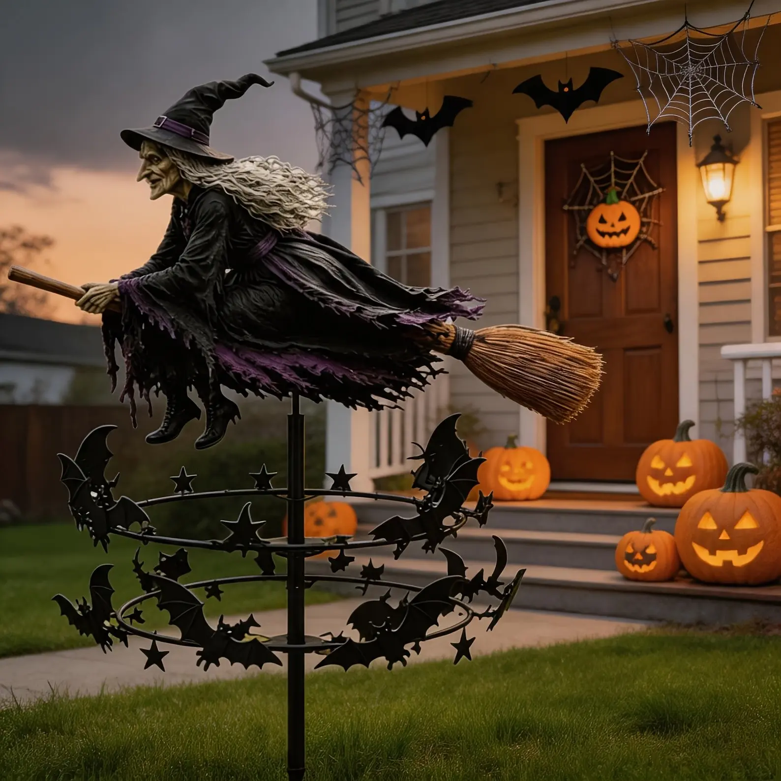 Halloween Witch Garden Windmill, Outdoor Halloween Decor, Witch and Bat Pattern, Spooky Style, Fun Fantasy Halloween Decoration