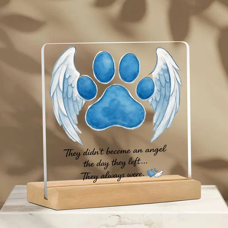 2D Flat, 1pc Memorial - Dog Paw Wing Angel Plaque with Wooden Base & Acrylic Top, Sympathy Gift Suitable for Loss of Pet, Bereavement Present for Desk Decor, Pet Loss Remembrance for Dog Owners