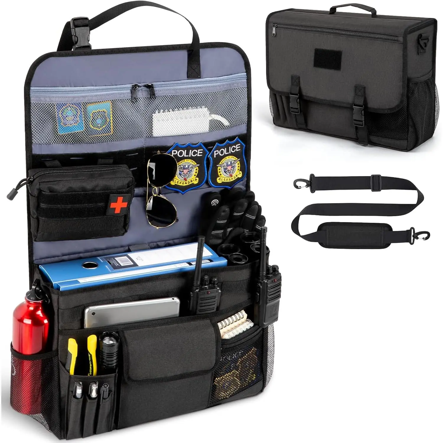 Patrol Bag Law Enforcement,  Gear  Front Seat Organizer |  Duty Bag for Passenger Seat with 15.6" Laptop Storage, Molle Webbing, Multiple Compartment, Removable Straps, Black