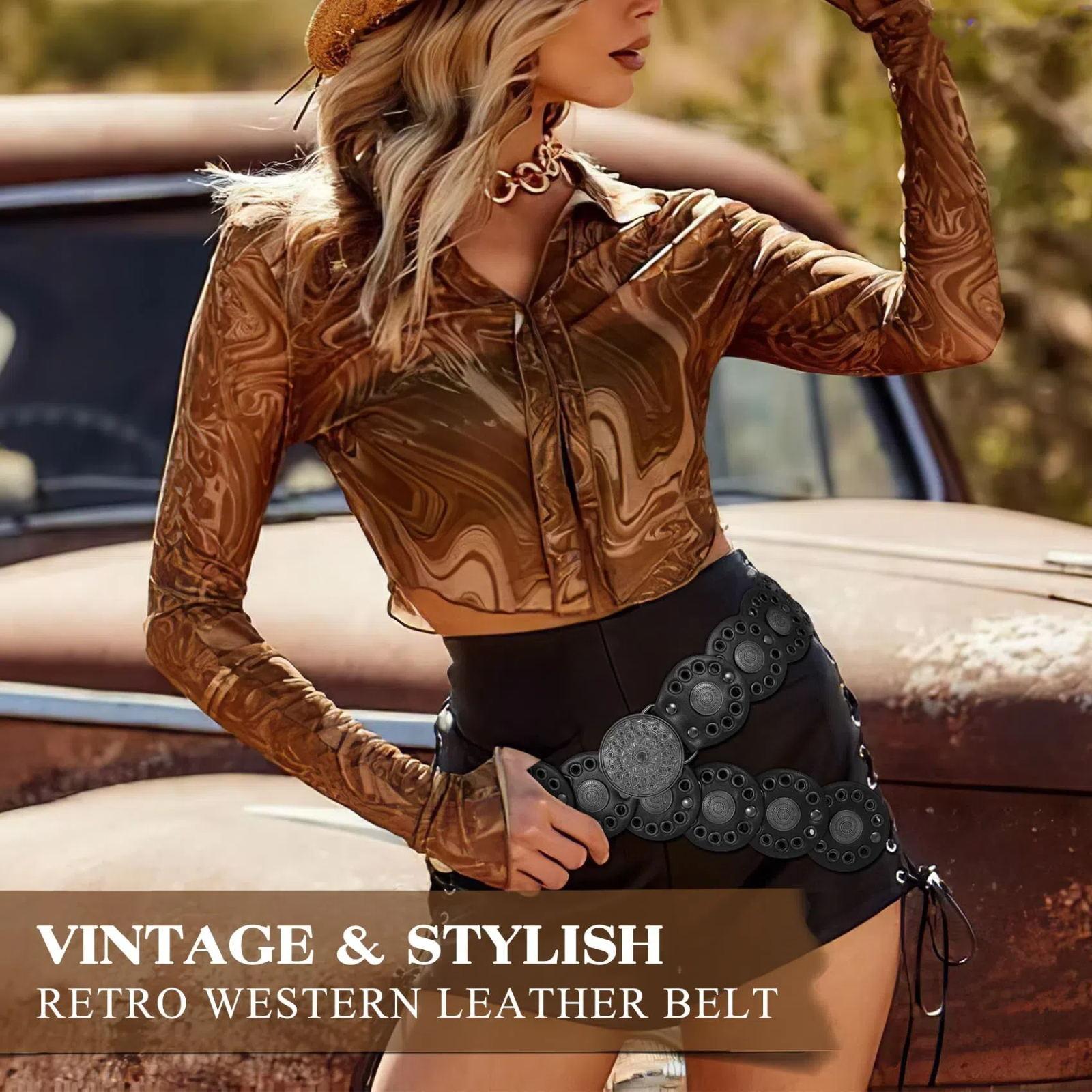 XZQTIVE Western Belts for Women Vintage Disc Waist Belts Concho Leather Belts Boho Waist Belt for Dress Jeans, Bronze Black XZQTIVE Western Belts for Women Vintage Disc Waist Belts Concho Leather Belts Boho Waist Belt for Dress Jeans, Bronze Black