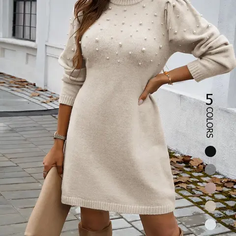 Women's Plain Faux Pearl Decor Puff Sleeve Bodycon Sweater Dress, Elegant Long Sleeve Stand Collar Knit Dress for Fall & Winter, Women's Knitwear for Daily Wear, Mini Knitted Dress
