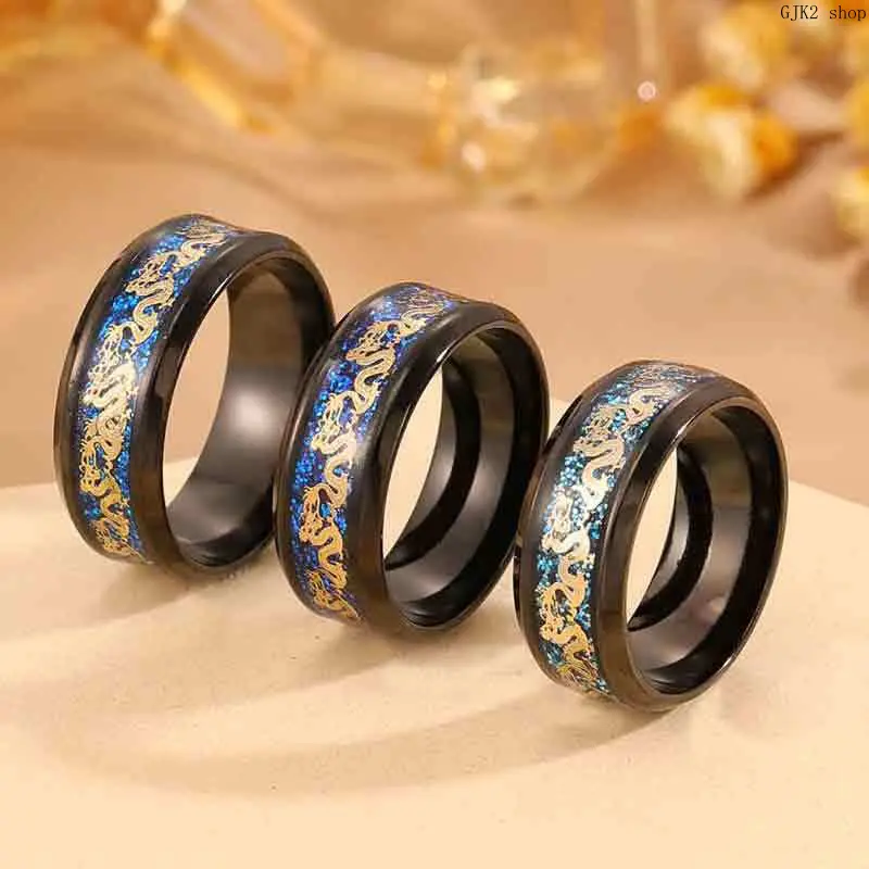 Black Stainless Steel Dragon Pattern Ring, Gold Dragon Inlaid Blue Crushed Stone Band Ring For Men