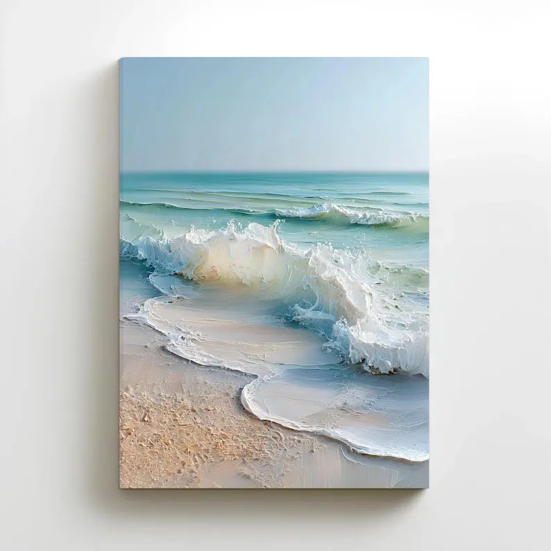 Coastal Wave Canvas Painting: Large Panoramic Ocean Beach Oil Painting Wall Decor
