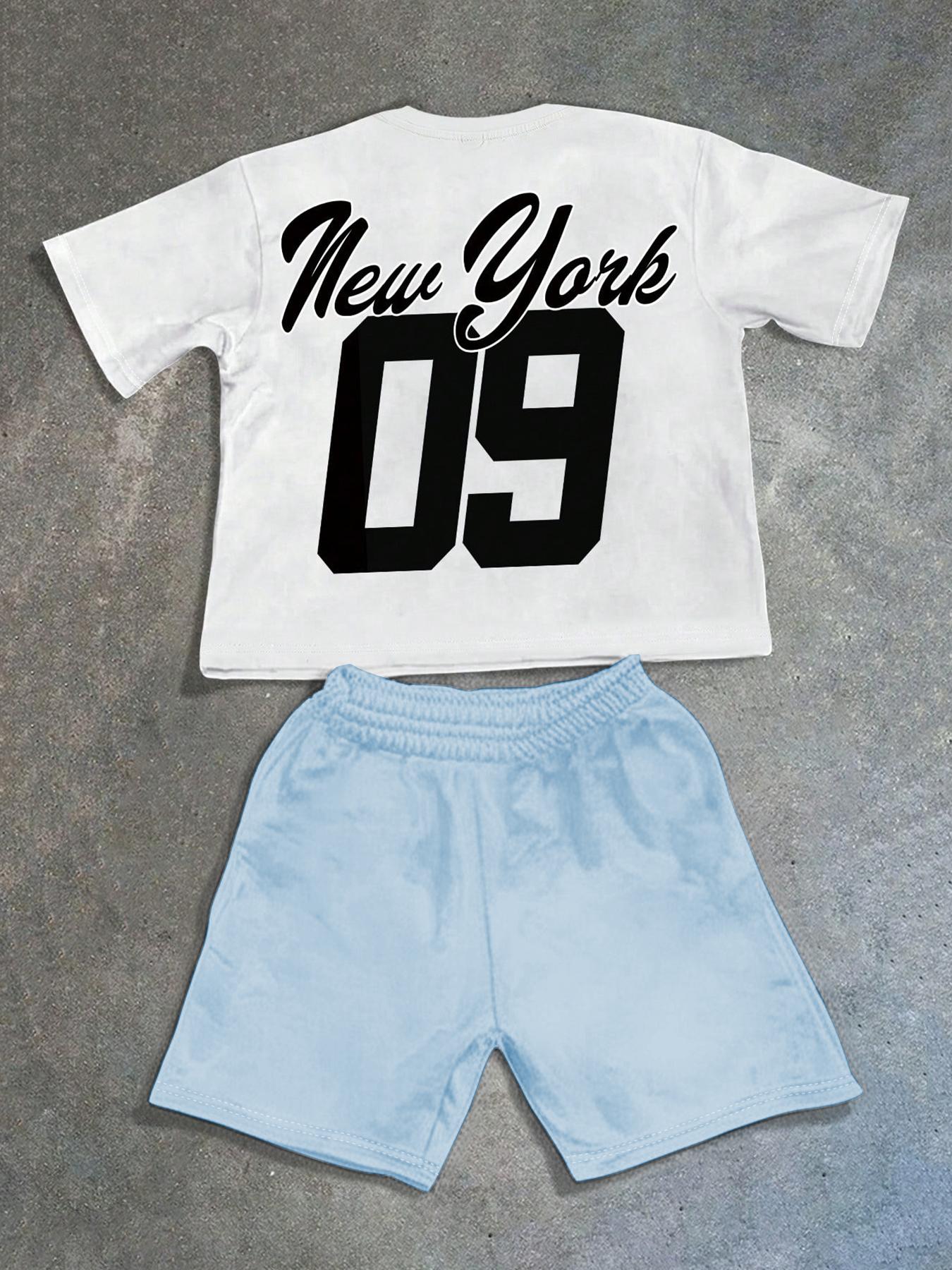 Men's Statue Of Liberty & Letter Print Short Sleeve Tee & Shorts Two-piece Set, Regular Fit Casual Round Neck T-shirt & Track Shorts, Men's Summer Clothes