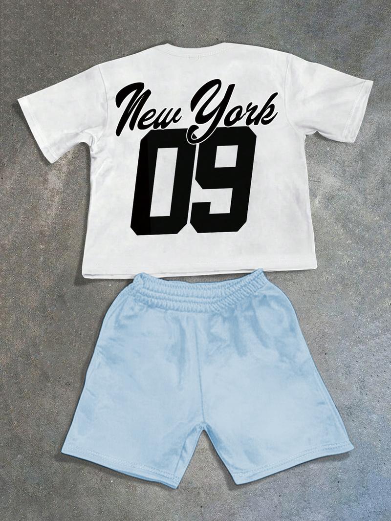 Men's Statue Of Liberty & Letter Print Short Sleeve Tee & Shorts Two-piece Set, Regular Fit Casual Round Neck T-shirt & Track Shorts, Men's Summer Clothes