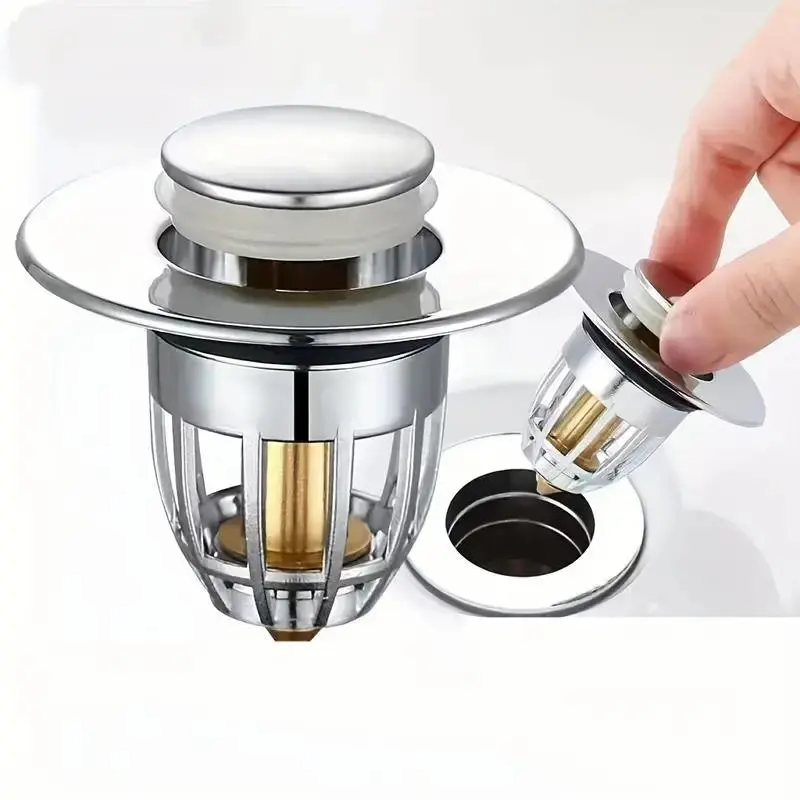1pc Universal Bathroom Sink Plug, Anti-Clog Drain Stopper, Bath Drain Cover, Bathtub Drain Stopper, Press Type Bath Tub Plug, Round Multifunction Water Stopper For Home Bathroom, Home Essentials bathroom accessories