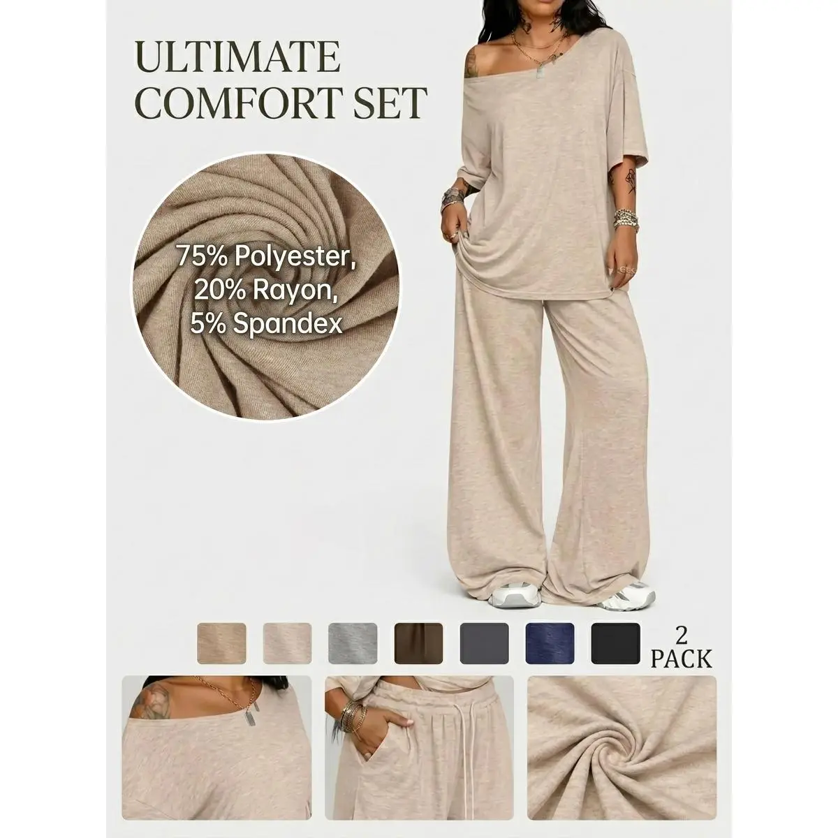VVZ 2026 Women's Off-Shoulder Short Sleeve Top + High Waist Wide Leg Pants 2-Piece Set, Rayon Mild Stretch Casual Jogging Outfit