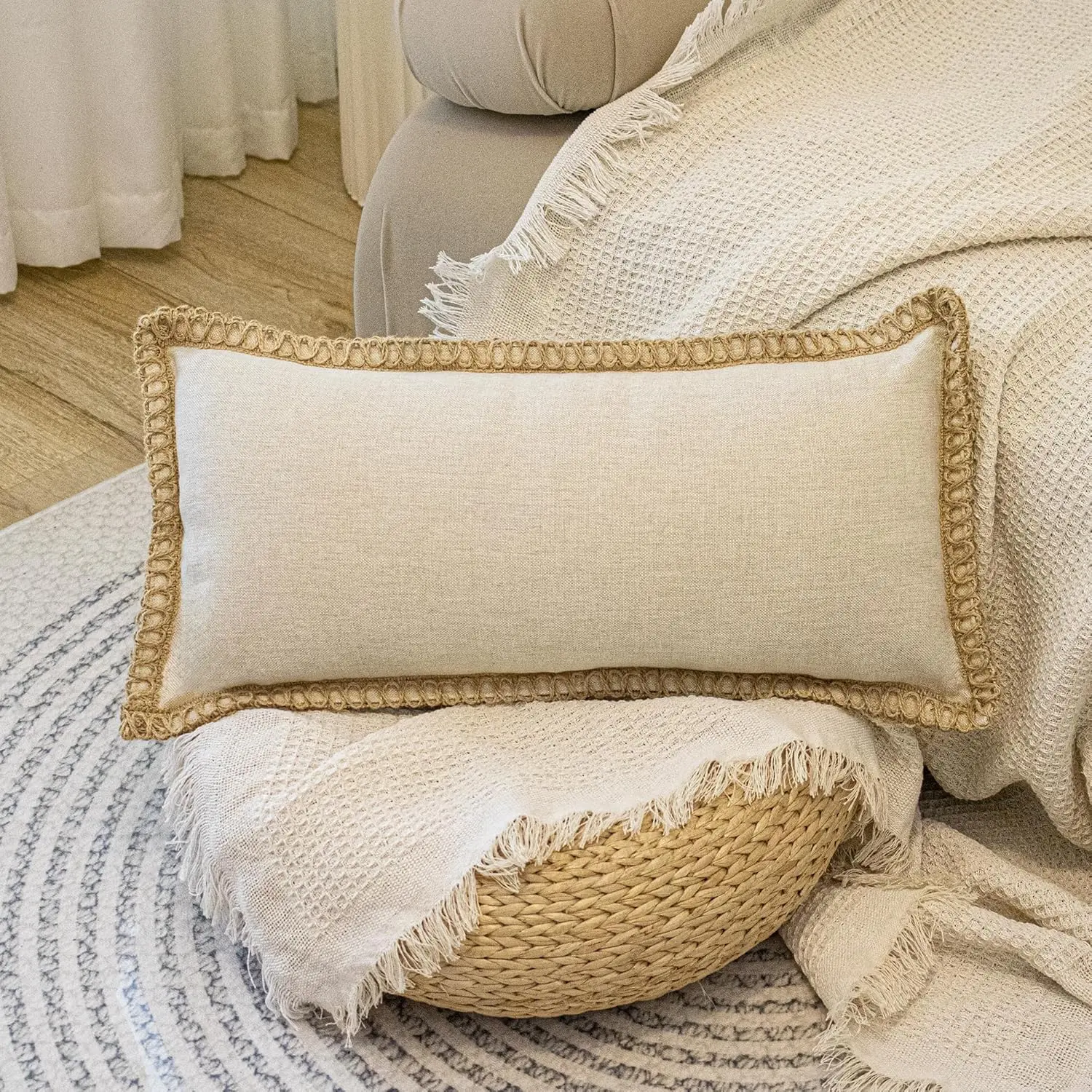 Burlap Lumbar Pillow Cover 12 x 24 inch, Trimmed Tailored Edges Cushion Cover Farmhouse Decorative Pillow Case Decor, Oatmeal Beige, Pack of 1 (Cover Only)| Trimmed Tailored Edges Cushion Cover Farmhouse Decorative Pillow Case Decor for Sofa Bed Room, Pac