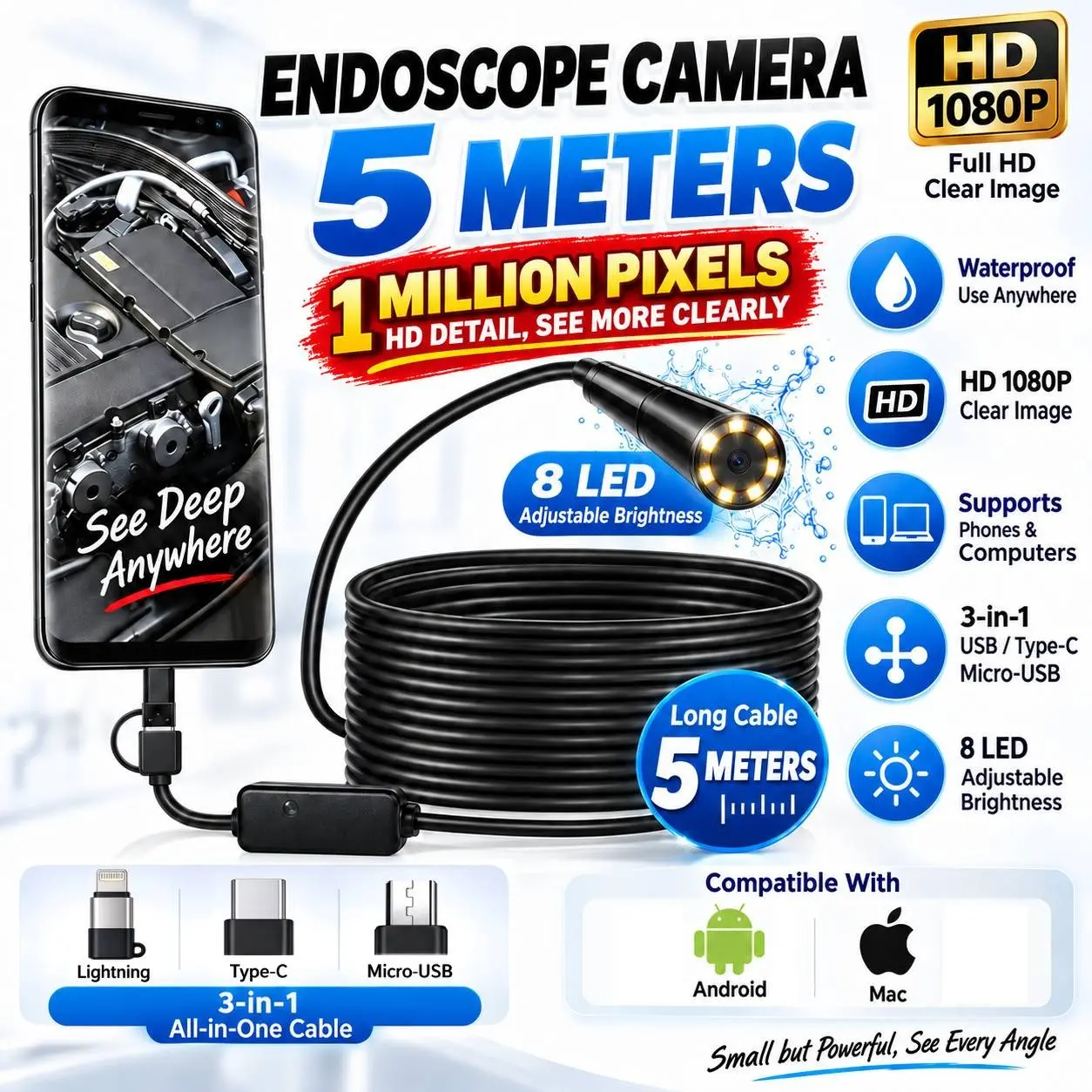 Industrial Borescope Camera, 8 Adjustable LED Lights, 1mp HD Endoscope, Semi-Rigid Snake Camera, Ip67 Waterproof, Ideal for Fishing, Car Inspection, Pipe Testing