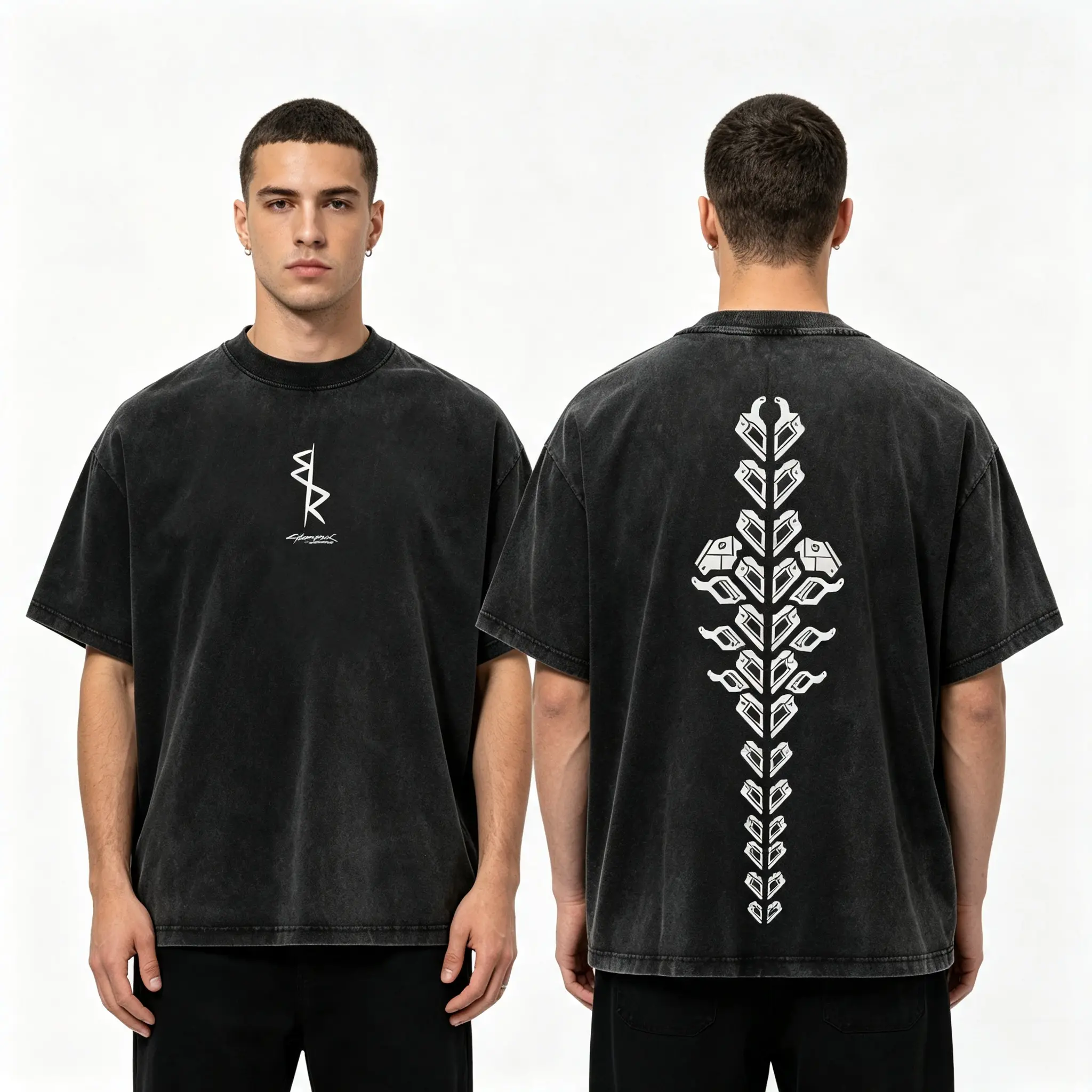 Cyberpunk Spine Graphic Tee Mens Vintage Washed Black Cotton Short Sleeve Top Casual Streetwear Techwear Robotic Bone Print Urban Fashion Oversized Apparel Holiday Outfit