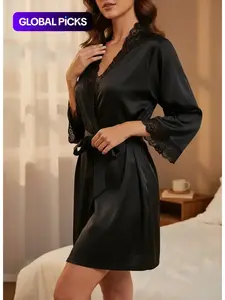 Women's Contrast Lace Belted Robe, Gowns, Solid Color Long Sleeve V Neck Lounge Robe, Casual Comfy Sleepwear Loungewear for Women