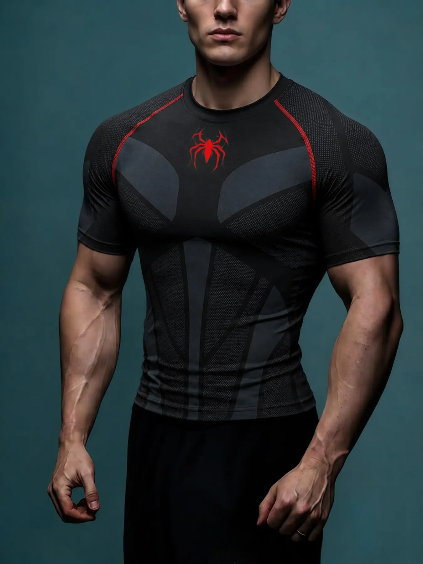 Men's Compression Fitness Short Sleeve T-Shirt, High Stretch Quick-Dry Muscle Training Top, Sporty Long Sleeve All over Print
