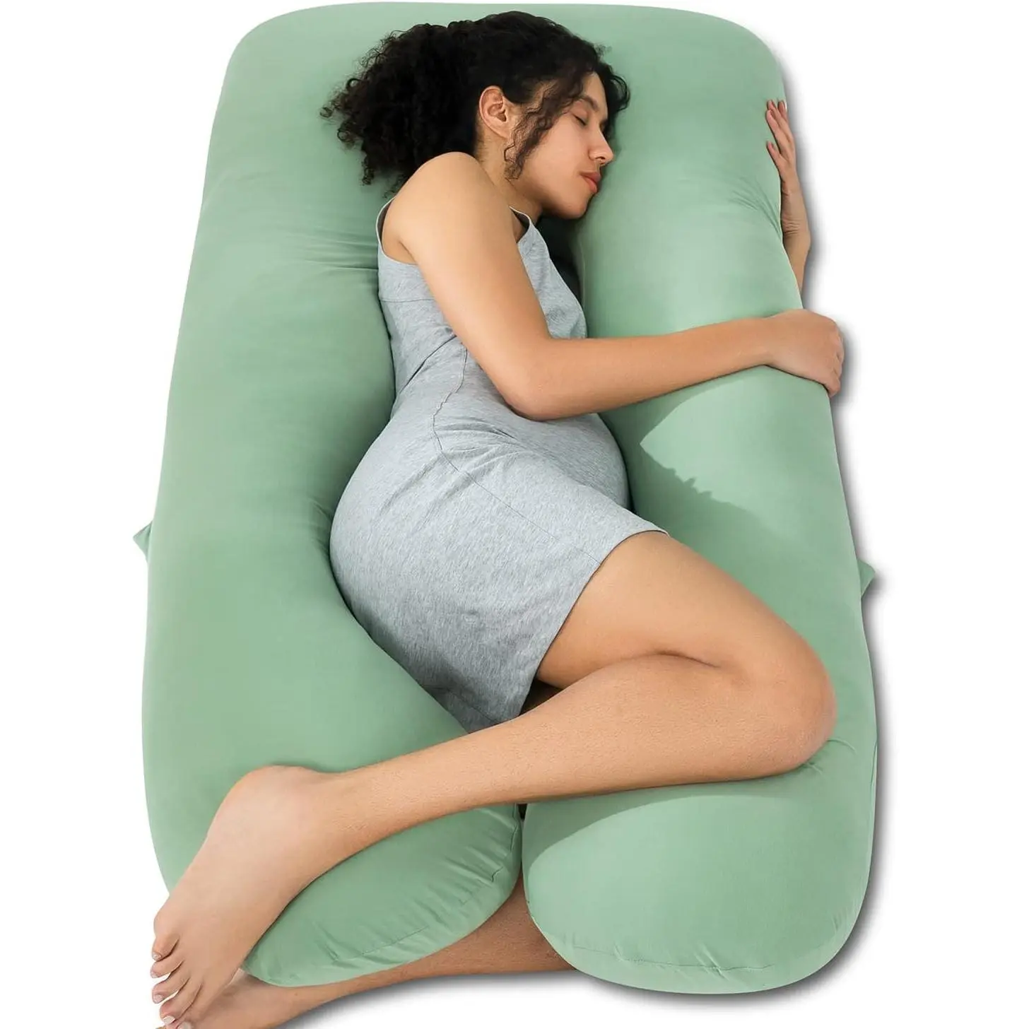 U-Shape Maternity Pillow, Bamboo Rayon Cooling Full Body Pregnant Support Pillow, Super Soft Breathable for Hot Sleepers, Green J-Shape Option